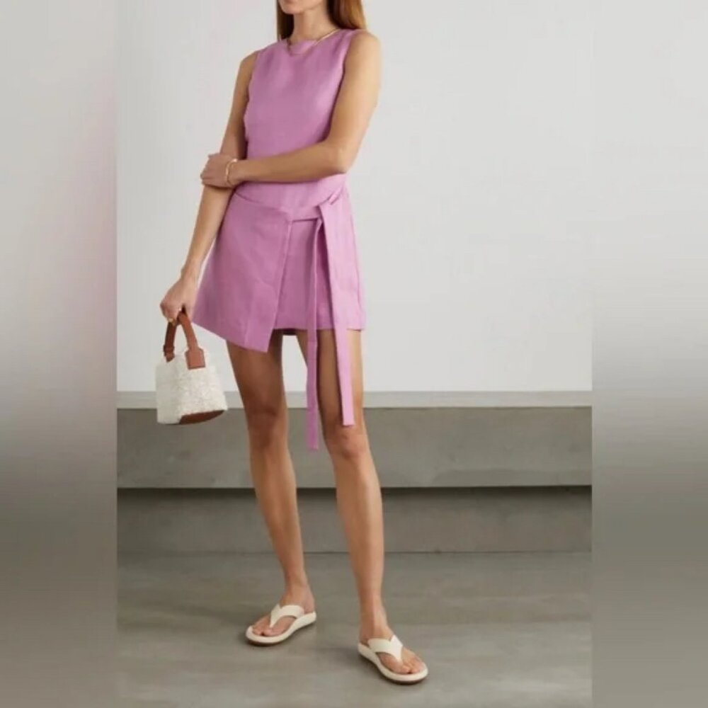 Bondi Born Martinique Wrap-effect Organic Linen Mini Dress In Pink